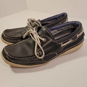 BASS boater Women's 6.5 M Breezy 2 Navy Blue Leather Lace Up Loafer Boat Shoes